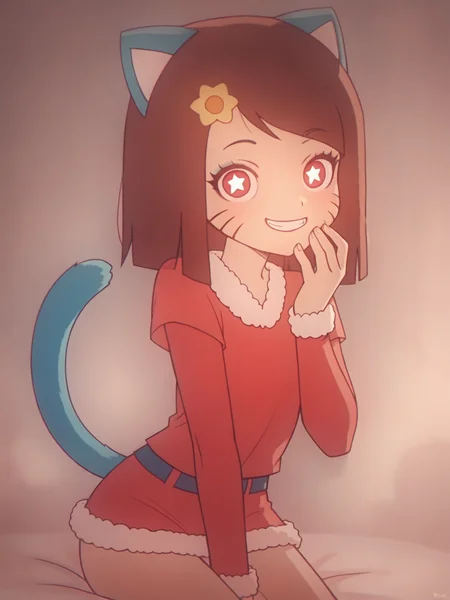 score_9, score_8_up, score_7_up, score_anime, rating_explicit, uncensored, BREAK, <lora:Gumball-Girl_PDXLv1:0.7> gumball-girl, brown hair, whisker markings, star-shaped pupils, cat ears, cat tail, solo, christmas costume, <lora:seductive-smile-ponyxl-lora-nochekaiser:1> seductive smile, come hither, naughty face,