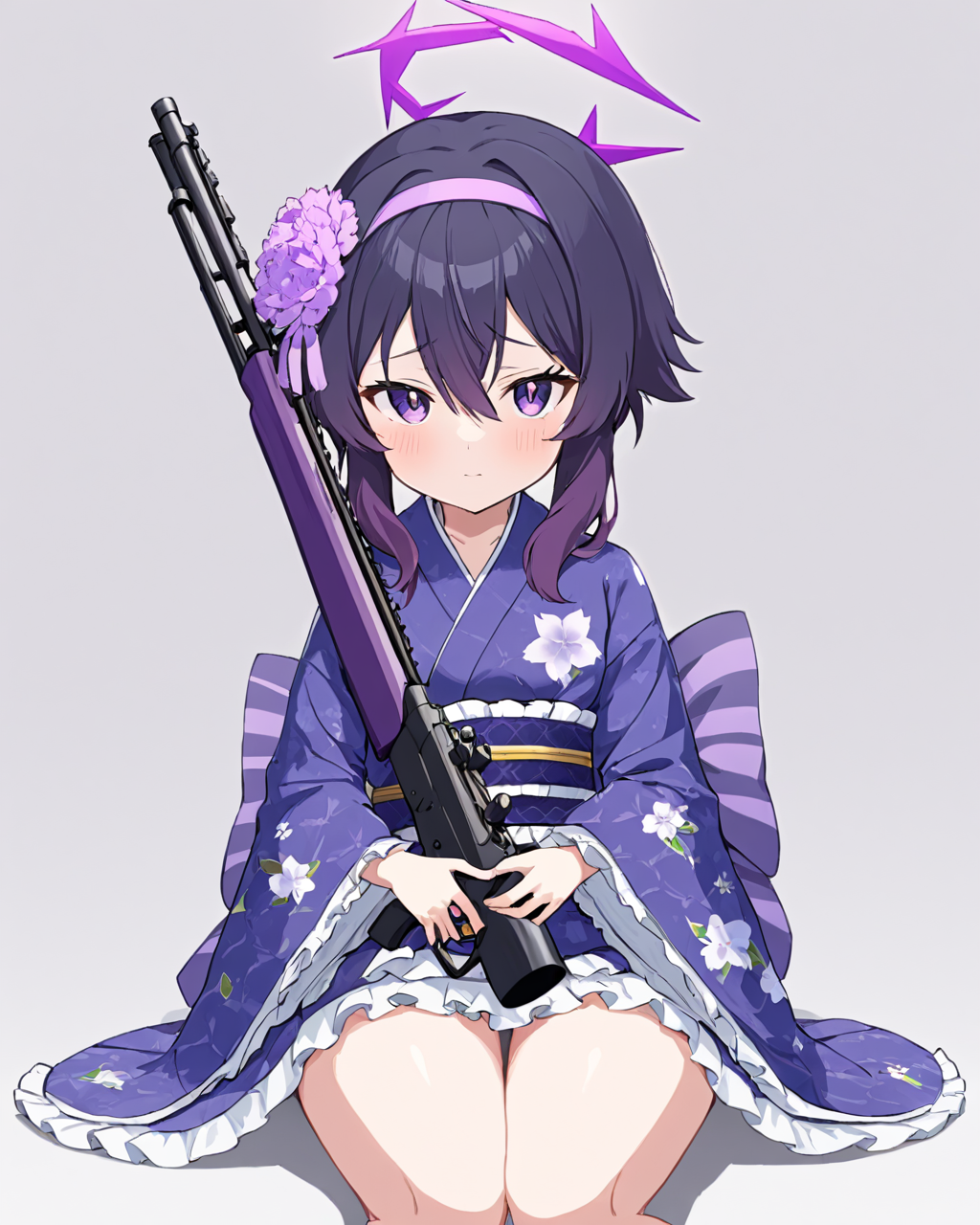 haruka \(blue archive\),1girl, frilled_kimono, solo, official_alternate_costume, halo, holding_gun, shotgun, looking_at_viewer, obi, kimono_skirt, sitting, simple_background, blush, floral_print, long_sleeves, wide_sleeves, purple_kimono, hairband, white_background, closed_mouth, sidelocks, scope
<lora:haruka_(blue_archive)_image830_2023-11-26-000015:1>halo. gorgeous,key visual, vibrant, studio anime,award-winning, professional, highly detailed,high budget, cinemascope