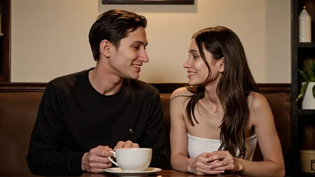 Candid photography of a cozy cafÃ© with warm lighting and a casual atmosphere. A man and a woman sit together at a small table, sharing a moment of laughter. They both have coffee cups in front of them. The man is laughing openly and looks carefree, unaware of the depth of the woman's feelings. The woman, while smiling, has a deeper emotion in her eyesâunspoken love and a hint of sadness. Her gaze lingers on him lovingly, but he is absorbed in the moment. The warm lighting from the cafÃ© adds a cozy, intimate feel to the scene. <lora:Sherry-00:1><lora:SelestaFlux1:1>