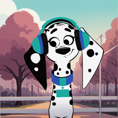 score_9, score_8_up, score_7_up, score_6_up, score_5_up, score_4_up, <lora:DelilahDalmatian:0.9>, delilahdalmatian, 1girl, solo, upper body, black eyes, headphones, furry, dog, animal, black and white fur, collar, spots, dalmatian, dog ears, body fur, smile, outside, trees, wearing headphones