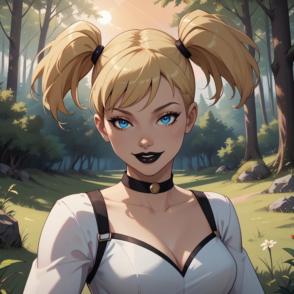 score_9, score_8, BREAK, Harleybtas,1girl,solo,twintails,short hair,blonde hair,blue eyes,choker,black lips,medium breasts, sexy pose, self portrait, smile, outdoors, sunlight, shadows, evening lighting, natural lighting, forest, trees, grass, orange sky, sunset