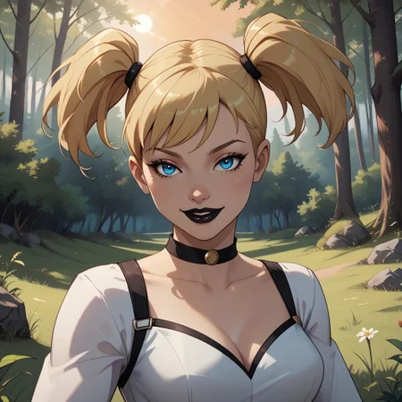 score_9, score_8, BREAK, Harleybtas,1girl,solo,twintails,short hair,blonde hair,blue eyes,choker,black lips,medium breasts, sexy pose, self portrait, smile, outdoors, sunlight, shadows, evening lighting, natural lighting, forest, trees, grass, orange sky, sunset