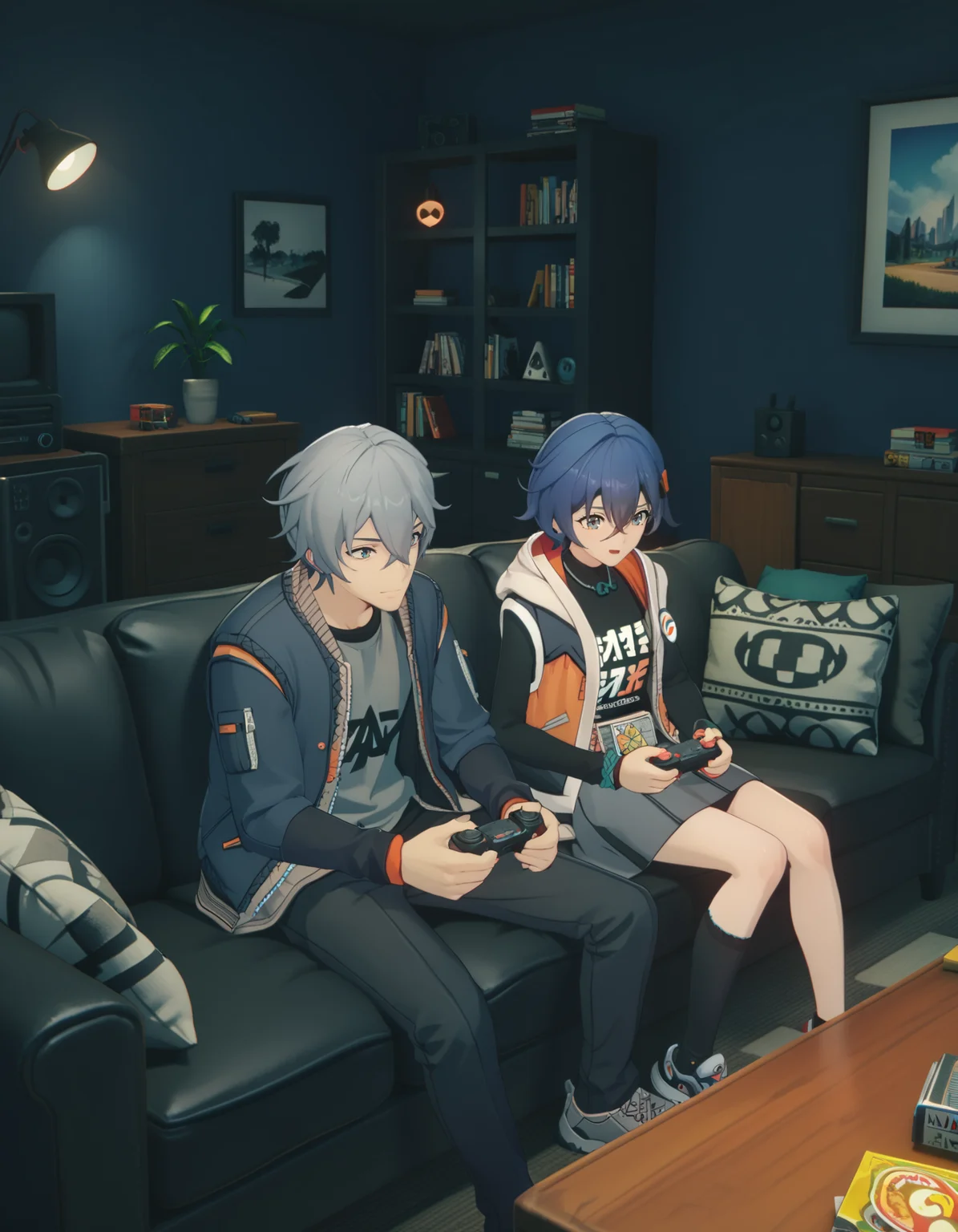 score_9,  score_8_up, score_7_up, <lora:zzz-pack-v5-ponyxl-000030:0.9> 1girl, playing games, excited, 1boy, wise, belle, hooded jacket, skirt, asymmetrical legwear
couch, indoors, lamp
