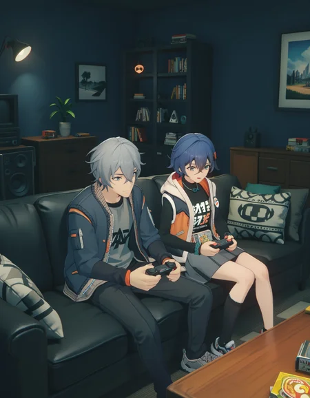 score_9, score_8_up, score_7_up, <lora:zzz-pack-v5-ponyxl-000030:0.9> 1girl, playing games, excited, 1boy, wise, belle, hooded jacket, skirt, asymmetrical legwear
couch, indoors, lamp