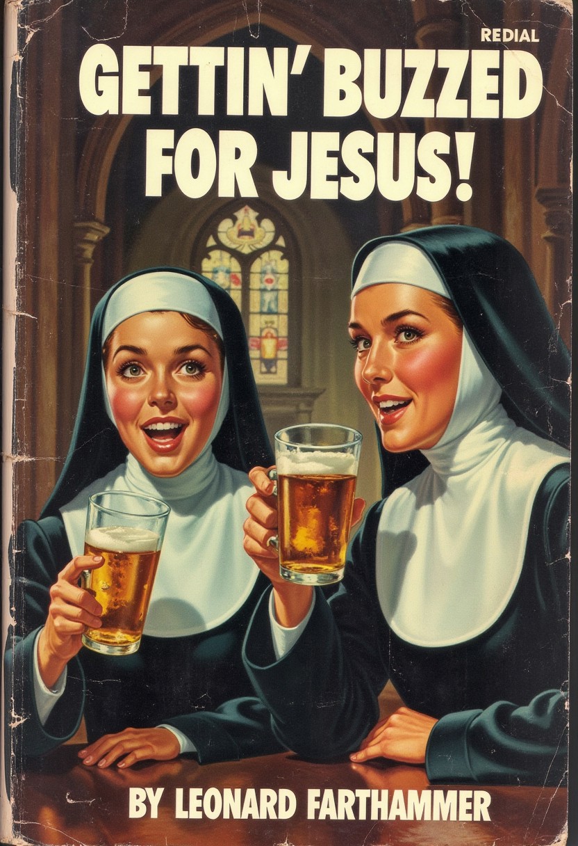 Book cover, (Title in bold white letters arranged at the top: Gettin' Buzzed For Jesus!), (((sub title in bold white letters arranged at the bottom of the cover: By Leonard Farthammer))), wear and tear on cover. Photorealistic, photograph, A vintage classic book cover depicting two nuns with their own personalities and appearance, drinking beer and whiskey, they are obviously drunk, The background is the inside of a Cathedral, evoking the classic style of religious fiction, mid-century vintage comic book cover