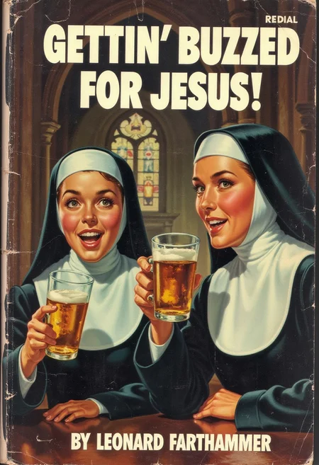 Book cover, (Title in bold white letters arranged at the top: Gettin' Buzzed For Jesus!), (((sub title in bold white letters arranged at the bottom of the cover: By Leonard Farthammer))), wear and tear on cover. Photorealistic, photograph, A vintage classic book cover depicting two nuns with their own personalities and appearance, drinking beer and whiskey, they are obviously drunk, The background is the inside of a Cathedral, evoking the classic style of religious fiction, mid-century vintage comic book cover