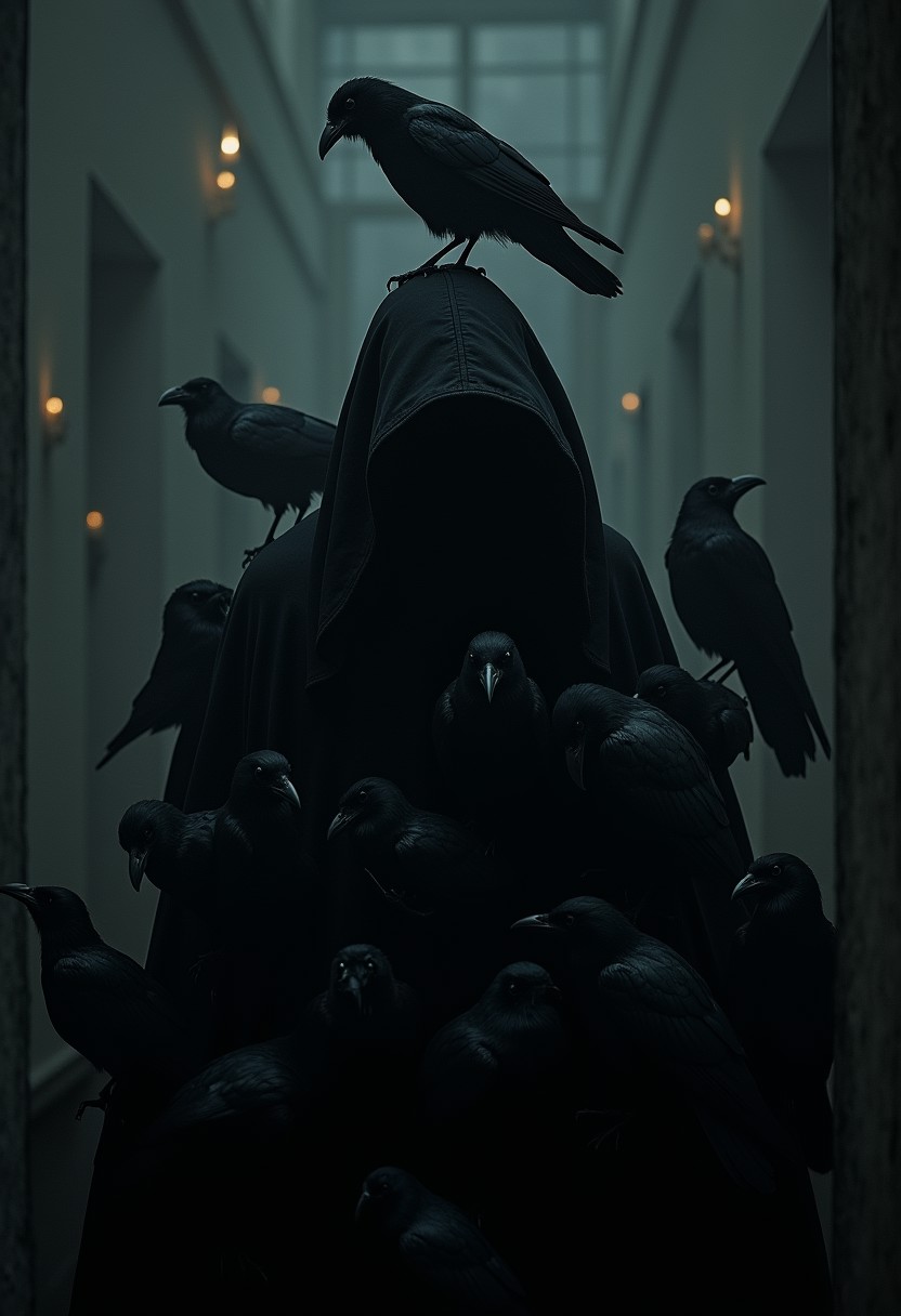 realistic quality photo, retro photo, person in black mantle surrounded by crows, crow on the shoulder, crow on top of the hood, old mansion background, in the dark corner behind many glowing eyes, creepy atmosphere,