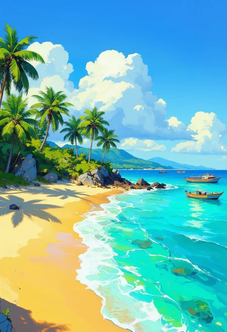 a hyper-detailed, breathtaking visualization of a crescent-shaped beach nestled along a vibrant turquoise sea. The crystal-clear waters shimmer under the warm glow of the tropical sunlight, transitioning to gentle whitecaps as they kiss the golden, powdery sand. Tall, lush palm trees line the curving shoreline, their verdant fronds swaying rhythmically in the balmy breeze. A few small, colorful fishing vessels rest peacefully on the calm waters, their reflections dancing on the surface, evoking the simplicity of island life. The expansive sky overhead is a brilliant azure, punctuated by soft, billowy clouds, completing this idyllic seaside paradise. Vibrant colors, detailed textures, DB4RZ, DB4RZ style painting, NeoPigma, in the style of cksc, anime, cyberpunk