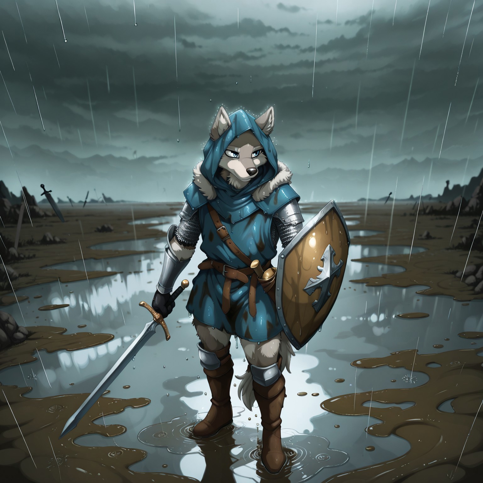 masterpiece, best quality, amazing quality, very aesthetic, high resolution, ultra-detailed, absurdres, newest, scenery, depth of field, scenery, volumetric lighting, by jay naylor, furry, furry male, anthro, wolf, canine, high-angle view, battlefield, medieval, rain, rainfall, horizon, rain puddle, mud floor, muddy clothes, weapon, sword, solo, shield, holding weapon, wet, wet dripping, wet clothing, holding sword, holding, hood, blonde hair, gloves, boots, standing, belt, full body, tail, hood up, armor, sheath, 1boy, holding shield, male focus, fur trim, vambraces, chainmail, black gloves, tunic, blue eyes