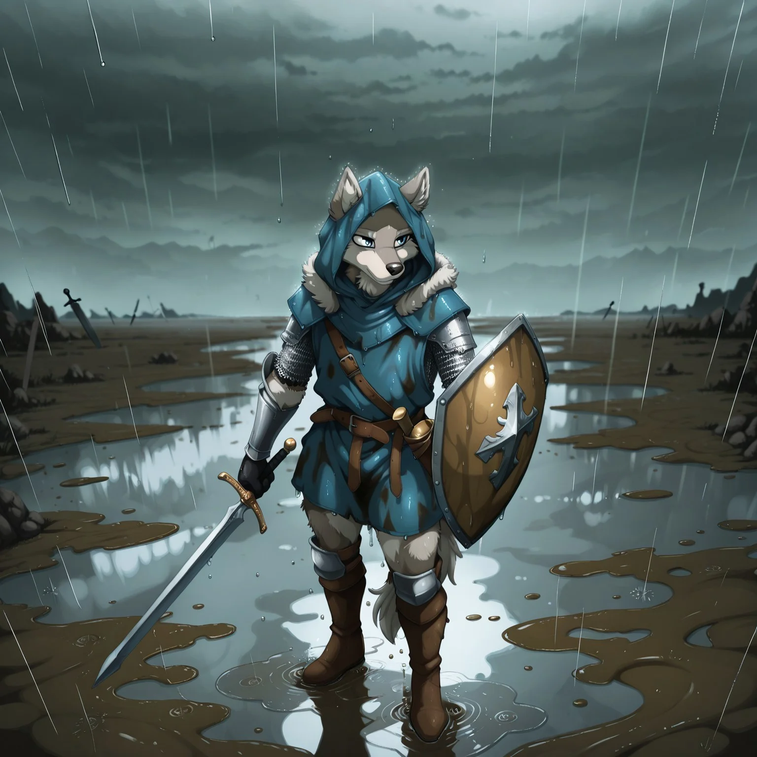 masterpiece, best quality, amazing quality, very aesthetic, high resolution, ultra-detailed, absurdres, newest, scenery, depth of field, scenery, volumetric lighting, by jay naylor, furry, furry male, anthro, wolf, canine, high-angle view, battlefield, medieval, rain, rainfall, horizon, rain puddle, mud floor, muddy clothes, weapon, sword, solo, shield, holding weapon, wet, wet dripping, wet clothing, holding sword, holding, hood, blonde hair, gloves, boots, standing, belt, full body, tail, hood up, armor, sheath, 1boy, holding shield, male focus, fur trim, vambraces, chainmail, black gloves, tunic, blue eyes