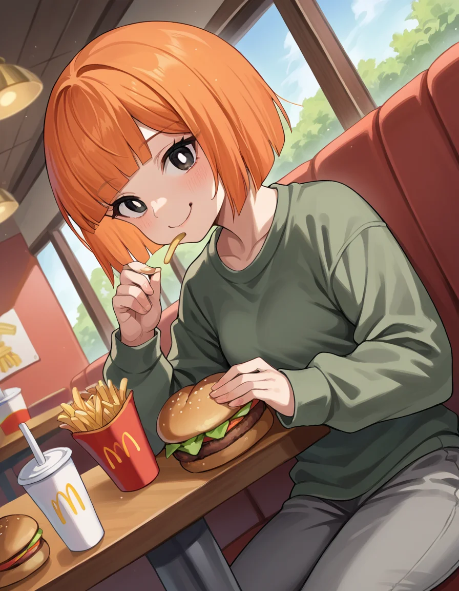 score_9, score_8_up, score_7_up, source_anime,
yorumacmother, <lora:yoru-mac-mother-ponyxl-lora-nochekaiser:1>,
yoru mac, short hair, bangs, black eyes, blunt bangs, orange hair, bob cut, bright pupils, smile,
shirt, long sleeves, pants, sweater, grey pants, black shirt,
indoors, restaurant, eating, sitting, food, mcdonalds, french fries, burger, 
looking at viewer, dutch angle, cowboy shot,
