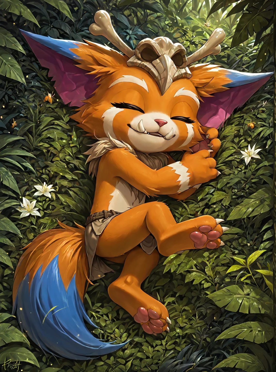 <lora:GnarXL-000045:1> Gnar, yordle, fangs, 3 toes, pawpads BREAK
loincloth BREAK
jungle background BREAK
jungle background, (sleeping:1.3) on side, cute, fireflies, <lora:lowlight_1721964122_1721964450_dim32_sv_fro_dp0.92_1721964790_1722820361:1.5> BREAK
masterpiece, best quality, zPDXL3, score_9_up,score_8_up,score_7_up,score_6_up,score_5_up,score_4_up, source_furry, detailed background, absurdres, outstanding, detailed soft lighting, high resolution, 8K, perfect hands, highres, featured digital artwork artstationâââ