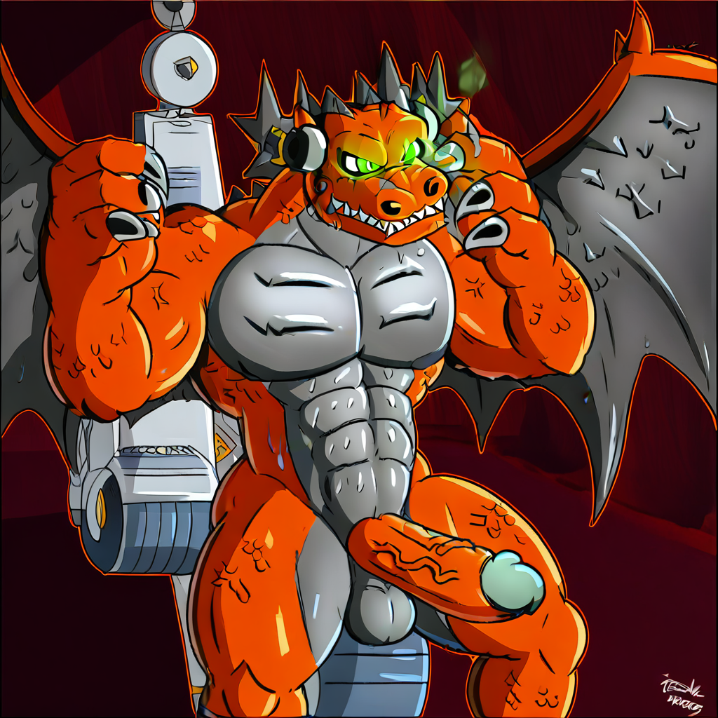 colored sclera, artist name, veiny penis, Green eyes, motor vehicle, wings, horns, sweat, Glowing eyes, sharp teeth, demon, muscular, erection, green eyes, digimon (creature), rockets, male focus, feet out of frame, glowing, thick thighs, furry
