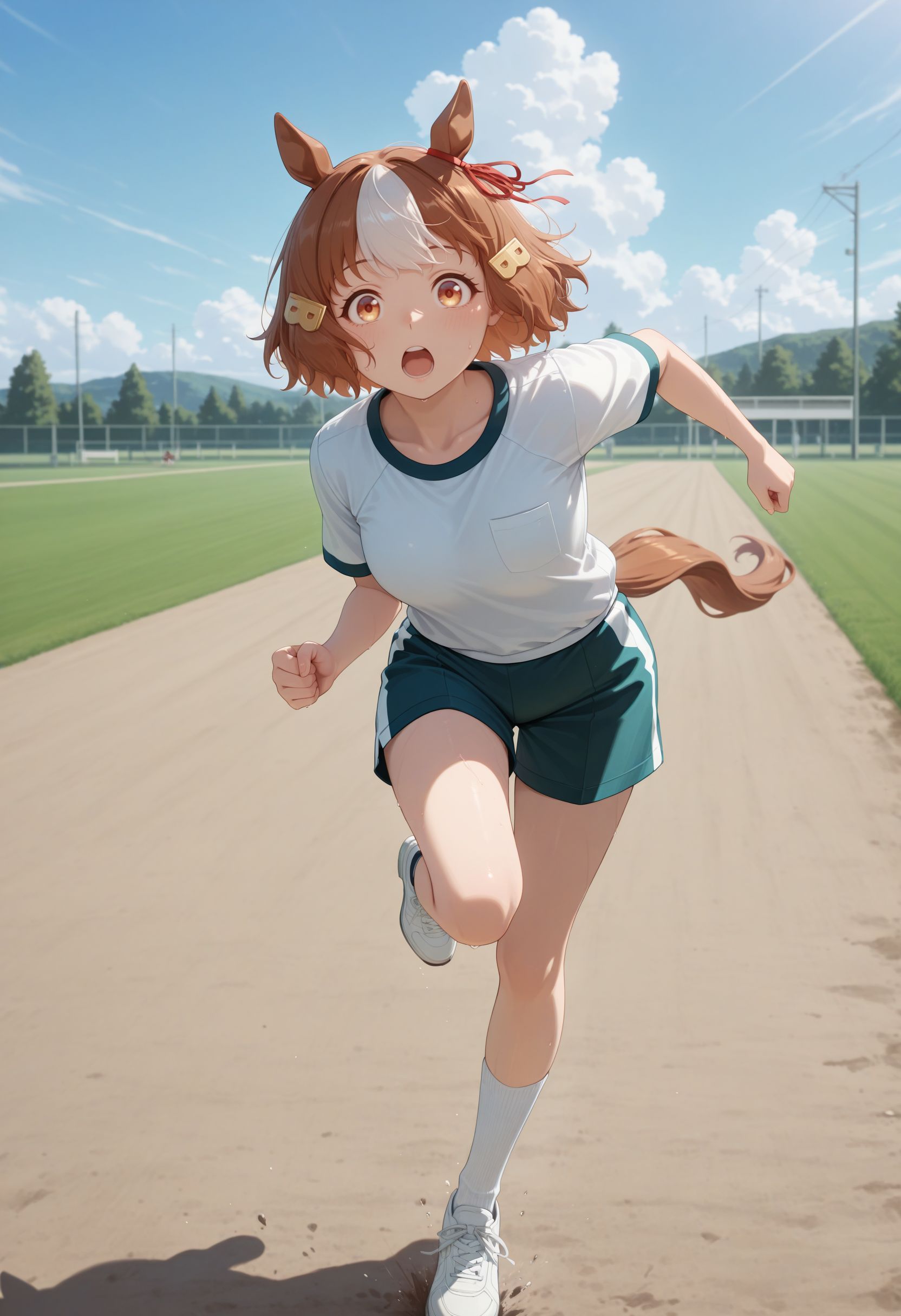 masterpiece, best quality, amazing quality, very awa,absurdres,newest,very aesthetic, looking at viewer,
 , horse ears, horse tail, horse girl, running, brown hair, shorts, 1girl, white shirt, outdoors, multicolored hair, shoes, short sleeves, short hair, open mouth, white hair, sneakers, two-tone hair, white footwear, sky, day, socks, gym uniform, cloud <lora:Berno illu:1> 1girl, brown hair, white hair, multicolored hair, short hair, animal ears, horse girl, horse tail brown eyes, hair ornament,