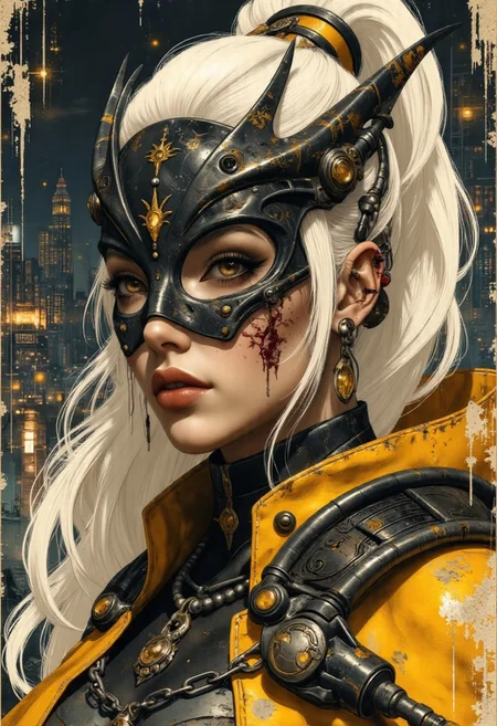 impressionist classical-style painting of a highly detailed, closeup portrait, face focus, stylized artwork featuring a androgynous figure with a striking, futuristic aesthetic. It depicts a female rogue against a backdrop of a futuristic, post apocalyptic city. The rogue has some skin burns and is dressed in a striking, futuristic outfit of mustard yellow and black, with high tech accessories, including a helmet adorned with a stylized, angular visor that covers her hazel eyes and a flowing cape. She has long, flowing white hair tied back, and her skin appears to be pale.
(((ultra-realistic style))), realistic lighting, dark, eye-catching, atmospheric lighting, natural, shallow depth of field, (highlights: 0.8), high detail (dynamic, cinematic shot, film grain, bokeh, depth of field)