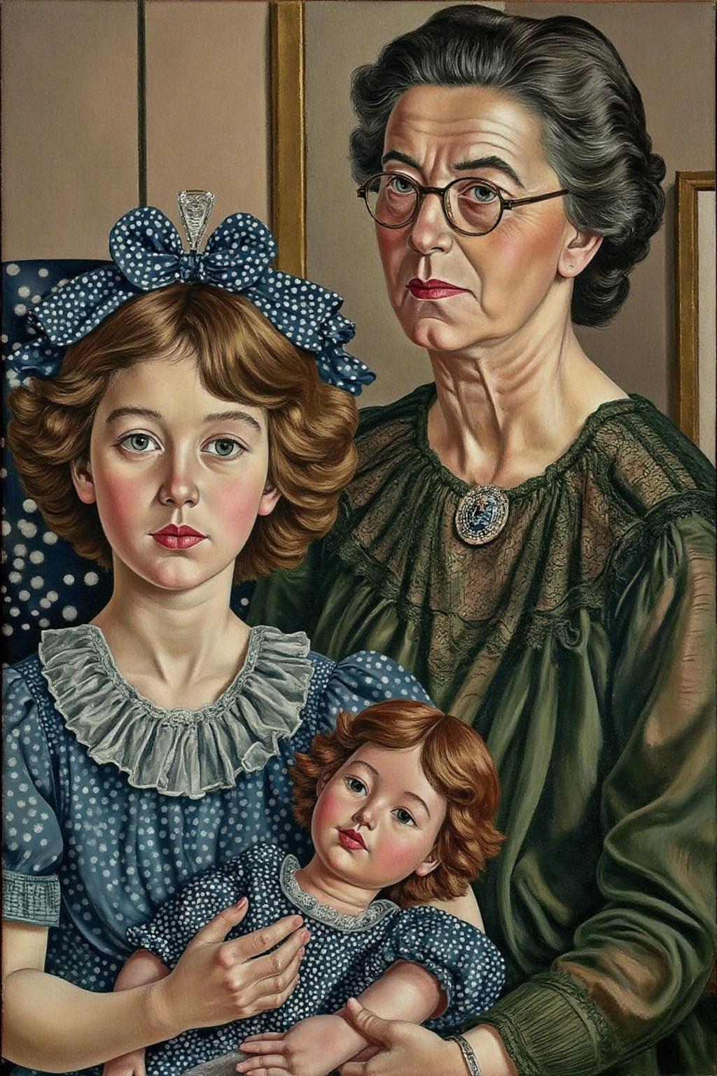 sspencer1 painting.
Painting of a woman, a young girl, and two dolls. The woman, positioned in the upper right, is an older woman with a stern expression, dressed in a dark green dress with a high neckline and a patterned bodice. She has a stern face and is wearing round glasses. Her hair is dark and styled in a neat, simple manner. She is holding a large doll. On the left is a young girl wearing a blue dress with white polka-dots, craddling a small doll. <lora:sspencer1_cap_d6a3:1.0><lora:832105791684283526:0>