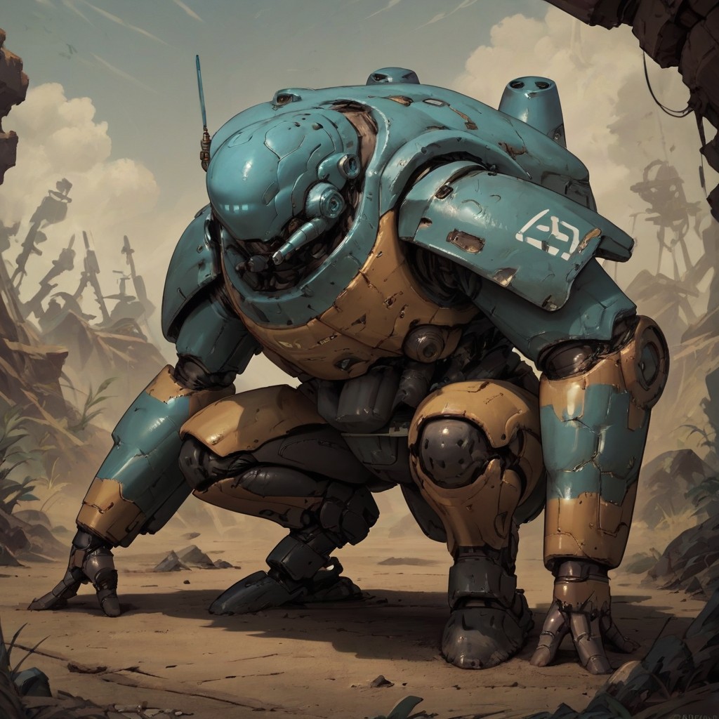 score_9,score_8_up,score_7_up, <lora:OldMech-000009:0.8>, OldMech,bipedal, squatting,realistic, blue hull