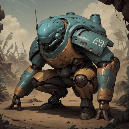 score_9,score_8_up,score_7_up, <lora:OldMech-000009:0.8>, OldMech,bipedal, squatting,realistic, blue hull