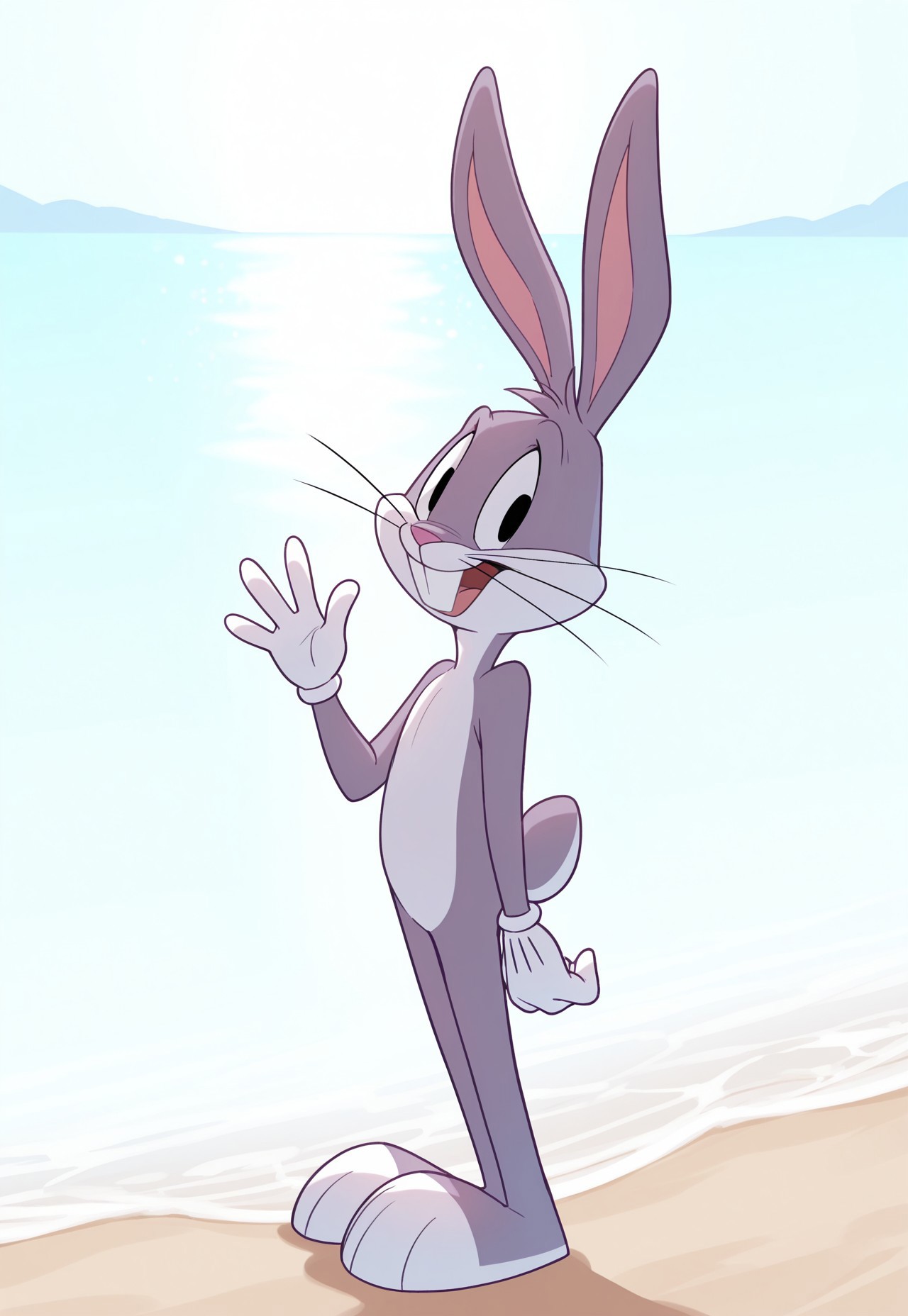 safe_pos, safe_pos, safe_pos, safe_pos, safe_pos, artwork, digital artwork, colorful source_e621, score_9, score_8_up, score_7_up, score_6_up, score_5_up, score_4_up, solo, bugs bunny, rabbit, rabbit boy, male, rabbit tail, rabbit ears, buck teeth, whiskers, black eyes, white sclera, 1boy, furry, detailed background, background, fullbody, smiling, waving hello, happy, detailed, detailed face, detailed eyes, detailed mouth, detailed teeth, detailed background, outdoors, outside, beach, clothed, excellent detail, perfect detail, perfect eyes, perfect face, perfect mouth, perfect teeth, animal, shirtless, nude, naked, sfw, natural lighting, four fingers, 