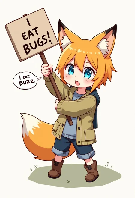 An anime village kemonomimi foxboy (young adult, affectionate, orange hair, blue eyes, fully orange ears, orange tail with white tips) in ragged clothing, holding up a stick sign "I Eat Bugs!" and a text bubble saying "I eat Buzz."