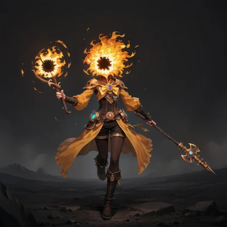 score_9, score_8_up, score_7_up,
lord_of_frenzy, fire head,
holding magic staff,
novakin, faceless, no eyes, no mouth, no nose, no facial features, short fiery yellow orange hair, body made of black plasma,
magical girl outfit, steampunk dress, boots, shorts, black tights,
simple background, grey background,
best_falling, full body, cinematic angle, action, jumping,