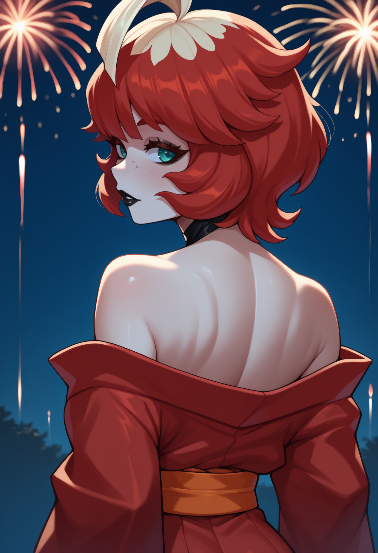 anime, masterpiece, best quality, newest, from behind, solo, 1girl, m3l4, freckles, black lips, parted lips, looking back, short hair, two-tone hair, red hair, blonde hair, ahoge, green eyes, eyelashes, japanese clothes, red kimono, off shoulder, orange sash, bare shoulders, outdoors, night, fireworks
<segment:yolo-Anzhc Face seg 640 v2 y8n.pt,0.4,0.5//cid=1>