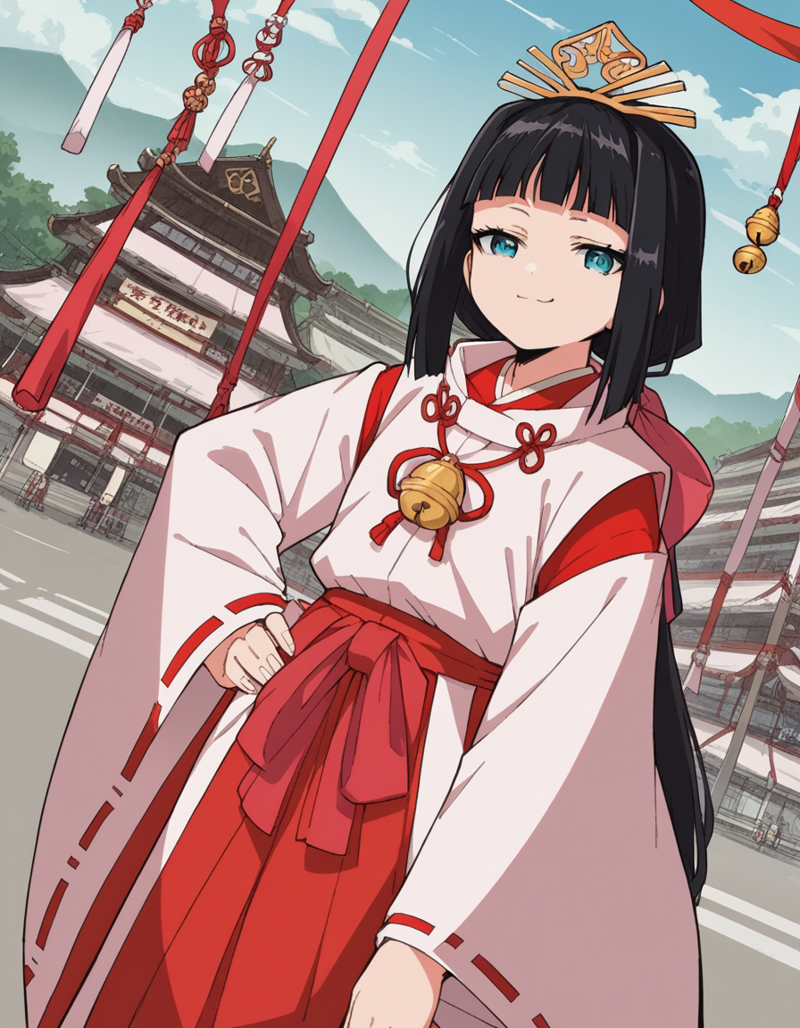 score_9, score_8_up, score_7_up, source_anime, <lora:nigewaka-shizuku-s1-ponyxl-lora-nochekaiser:1>, shizuku, long hair, bangs, blue eyes, black hair, blunt bangs,, japanese clothes, bell, miko, skirt, long sleeves, ribbon, wide sleeves, red ribbon, ribbon trim, hakama, hakama skirt, jingle bell, ribbon-trimmed sleeves, miko, red hakama,, airport, waiting area, suitcase, flight delayed, passengers, reading book, , , smug, hand on hips,, solo,, cowboy shot, dutch angle