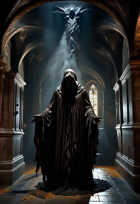 a dementor, levitating ominously. BREAK inside a dimly lit bell tower. vibrant, photo realism, Masterpiece, (8k), (32k), UHD, highest-quality, intricate details, highly detailed, best artist, immaculate micro-details, sharp edges, detailed textures, full body shot, full body cinematic, atmospheric lighting, visually stunning, perfect composition, trending on artstation