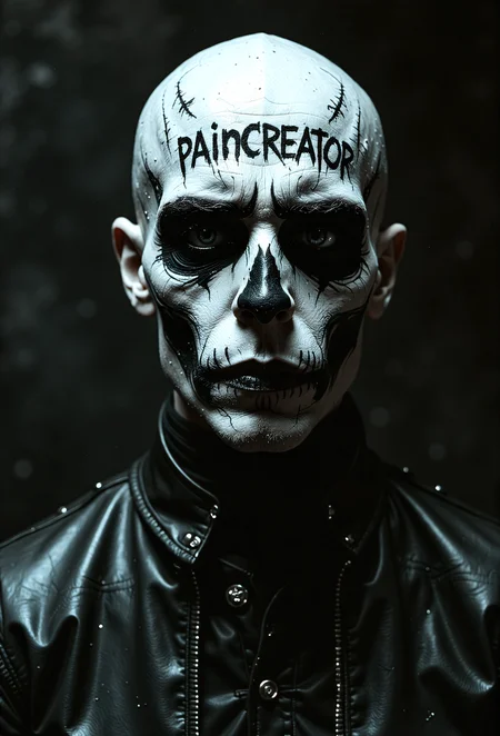 man,solo,(pale skin:1.3),face tattoo on his forehead reads "pAInCREAT0R",tattoos,demonic symbols,a closeup headshot, leather shirt,dusty background,fog,Black background,skullman,day of the dead,devast8, no hair or facial hair
