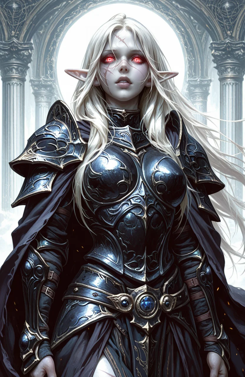 masterpiece,best quality,amazing quality,anime coloring,2d,anime style,high_detail,
1girl,pale,white skin,colored skin,pale skin,soft lips,glossy lips,elf,pointy ears,detailed eyes,glowing eyes,muscular woman,armor,cape,leather armor,scar,scars on face,white hair,long hair,messy hair,black armor,black leather,
masterpiece,best quality,amazing quality,
BREAK.,<lora:Tarot:1>,