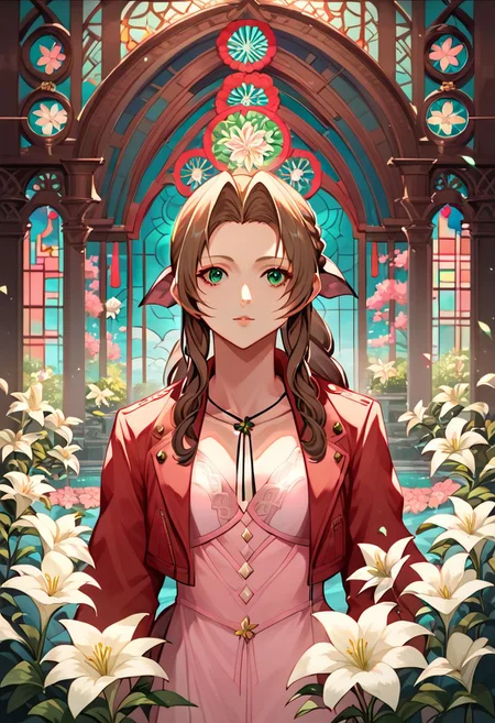 (score_10, score_9_up, score_8_up, score_7_up,) 1girl, aerith gainsborough, brown hair, braid, long hair, green eyes, hair ribbon, pink dress, red jacket, cropped jacket, best quality, high quality, masterpiece, highres, cathedral interior, flower, white lilies, stained glass, extremely detailed CG, extremely detailed 8K wallpaper, extremely detailed character, solo, sharp focus, dramatic angle, cinematic lighting, extremely delicate and beautiful, absurdres, incredibly_absurdres, bloom, glow, bokeh, jewelry, ornaments, Painstaking Attention To Details,