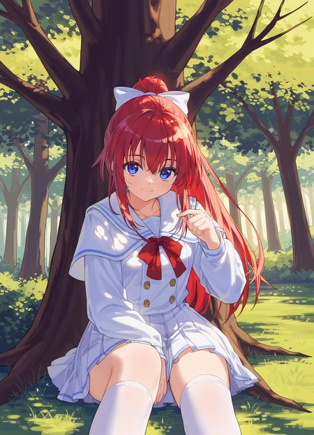 score_9, score_8_up, score_7_up, masterpiece, best quality, absurdres, official art, official style, anime screencap, megami magazine, zPDXL2, zPDXLxxx, <lora:Shiratori Mikoto (In'youchuu Chiroku ver) Pony v1_epoch_10:0.7>, 1girl, solo focus, shiratori_mikoto, large breasts, BREAK, (blue eyes:1.1), BREAK, red hair, long hair, ponytail, sidelocks, bangs, BREAK, hair ribbon, white ribbon with blueline, BREAK, school uniform, capelet, white jacket with black sideline, BREAK, red ribbon, BREAK, white skirt with black lining, pleated skirt, sawtooth hem, BREAK, (white thighhighs:1.2), BREAK, <lora:neg4all_bdsqlsz_xl_V91:1.0> <lora:ALTXL_pony_0061_8:2.0>, <lora:detailed_hands-000002:1>, hand outdoors, national parks, grasslands, tree, standing, dim lighting, light particles, open eyes, smile, looking at viewer, A girl standing under a large tree in a park during the early morning, with sunlight from the sunrise streaming through the branches. She has one hand resting on the tree trunk, casting long shadows across the park. The scene captures the serene, fresh atmosphere of the early morning with golden light illuminating the girl's silhouette and creating a peaceful, contemplative mood.