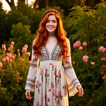 surrealist art Art Nouveau style A beautiful redhead woman wearing a stylish, flowing bohemian high neck dress adorned with intricate floral patterns. The dress has long, bell-shaped sleeves and a layered skirt that dances gracefully as she moves. Her hair is styled in loose waves with a subtle braided crown. She stands in a lush garden filled with vibrant flowers and greenery, illuminated by warm, golden sunlight. Her expression is serene and joyful, complementing the natural beauty of the scene, at night, beautiful smile, sensual pose, playfully smiling <lora:jialissa-ultimatev2:1> . elegant, decorative, curvilinear forms, nature-inspired, ornate, detailed . dreamlike, mysterious, provocative, symbolic, intricate, detailed