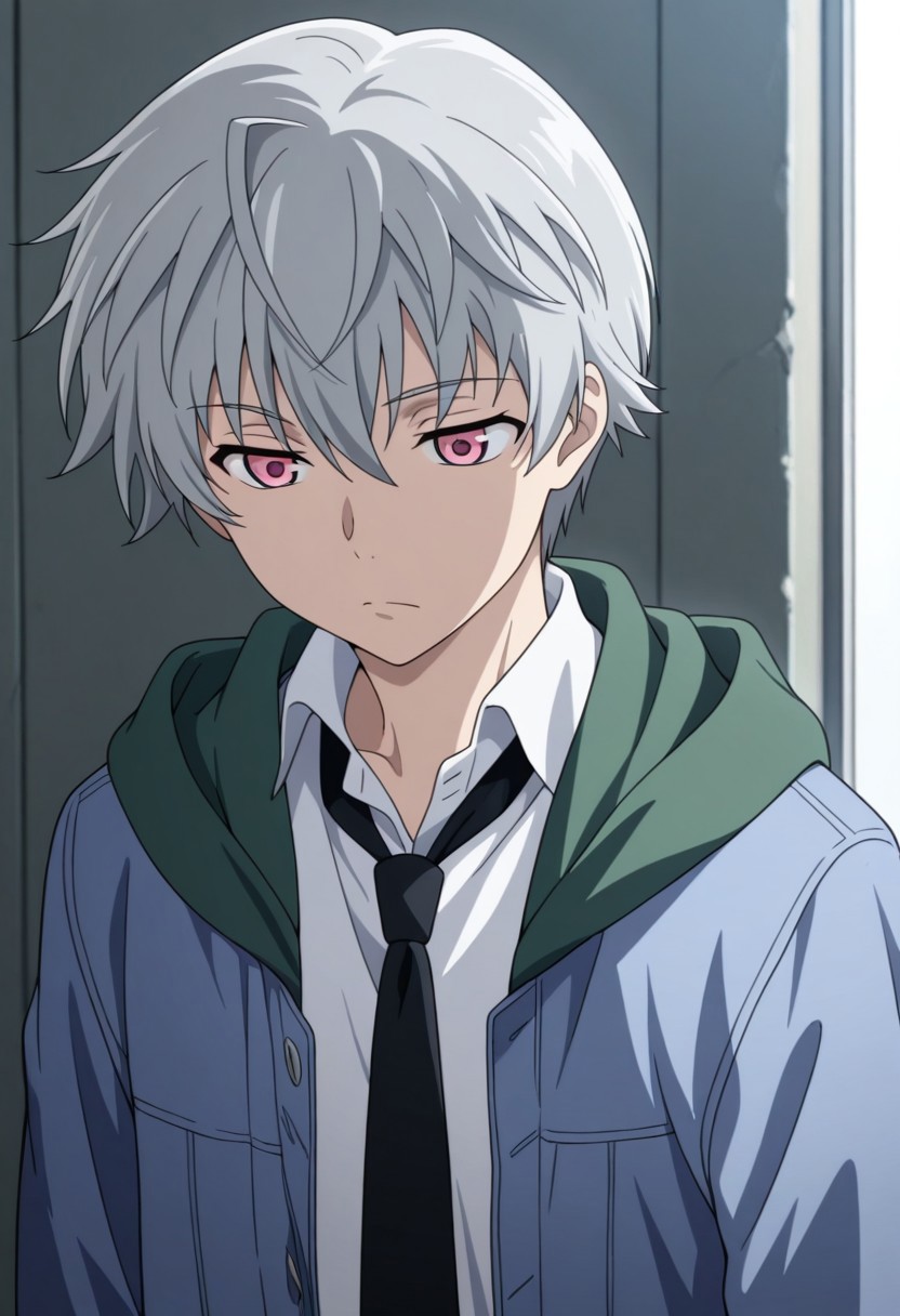 masterpiece,best quality,amazing quality, source_anime, 
aruakise, 1boy, male focus, solo, pink eyes, grey hair, shirt, white shirt, collared shirt, black necktie, jacket, blue jacket, green hood, open jacket,