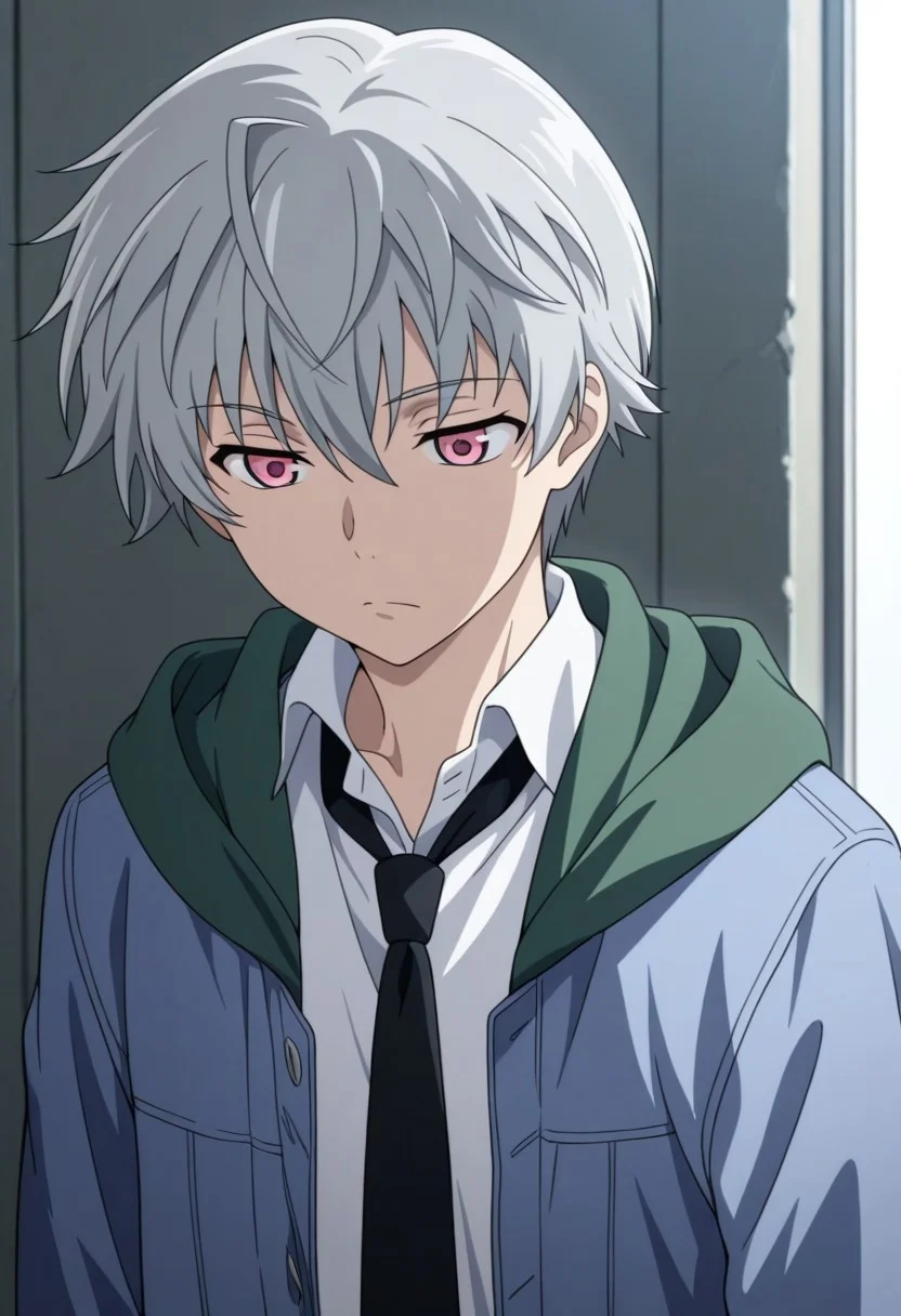 masterpiece,best quality,amazing quality, source_anime,
aruakise, 1boy, male focus, solo, pink eyes, grey hair, shirt, white shirt, collared shirt, black necktie, jacket, blue jacket, green hood, open jacket,