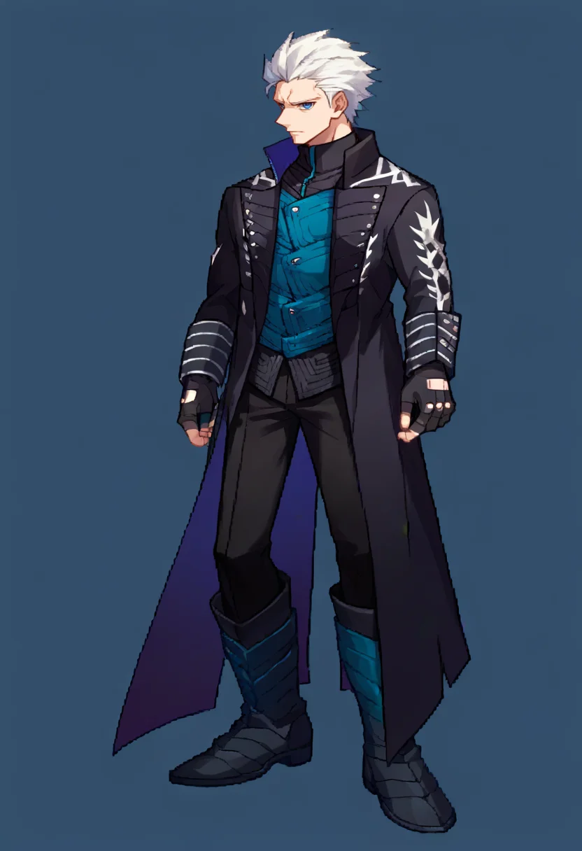 score_9, score_8_up, score_7_up, source_anime, BREAK, solo, 1boy, looking at viewer, <lora:Arcana-Heart-Sprites-pdxl_Fp:1>, simple background, full body, standing, <lora:dmc5_vergil_ponyXL:1>, dmc5vergil, black coat, fingerless gloves, pants, white hair, blue eyes, looking to the side, boots, black pants,