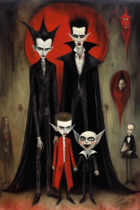 <lora:Leonora Carrington Style:1>Leonora Carrington Style - Punk Dracula the vampire play with a boy with painted by Leonora Carrington.