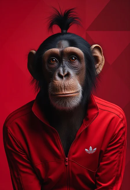 studio photography closeup portrait of a grizzled chimp with a man-bun wearing a red Adidas style tracksuit, the background are geometric shapes in a red and black colour scheme