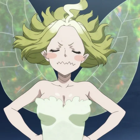 solo, wavy mouth, closed eyes, wings, fairy wings, floating hair, breasts, ahoge, hands on hips