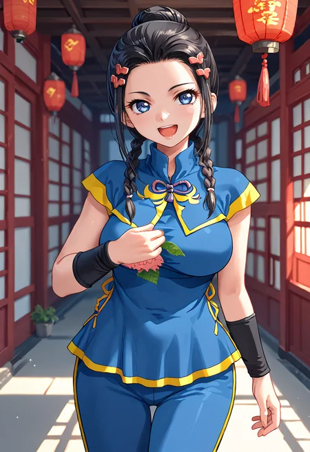 score_9, score_8_up, score_7_up, source_anime BREAK 1girl, solo, <lora:srw_rio:1>, srw_rio, cowboy shot, blue Chinese dress, blue short pants, black wristbands, large breasts, black hair, short hair, hair bun, sidelocks, hair ornament, blue eyes, twin braids, looking at you, smile, open mouth