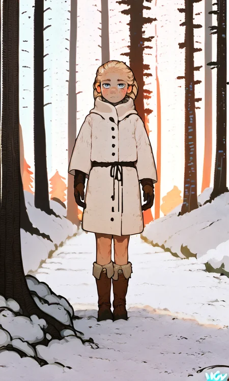 score_9, score_8_up, score_7_up, source_anime, portrait of young beautiful princess with incredibly long curly blonde hair and blue eyes, freckles, simple (((snow forest background))), winter princess cloth and makeup, SFW, ful body