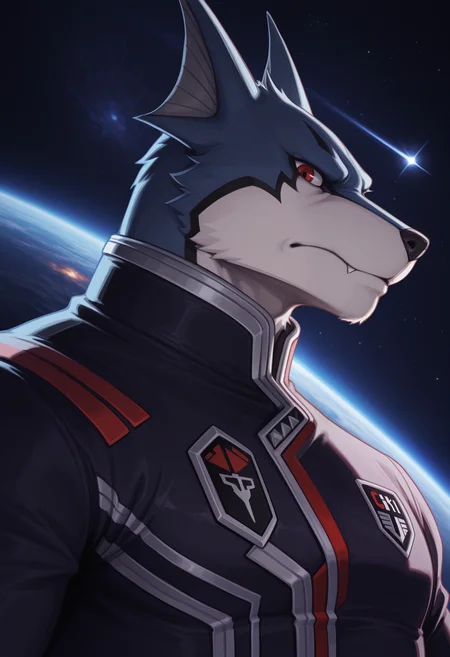 masterpiece,best quality,amazing quality, 1boy, solo, d0gg13, furry, space robe, red eyes, close up, side angle, looking at viewer, angry, serious, spaceship,