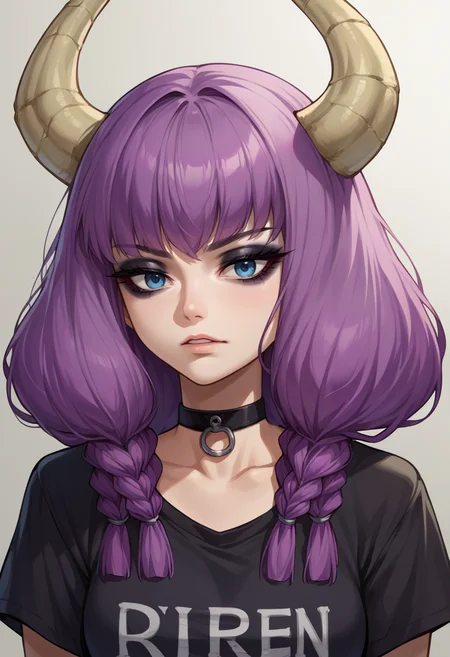 score_9, score_8_up, source_anime, 1girl, solo, AuraFrieren, purple hair, blue eyes, horns, long hair, twin braids, black shirt, t-shirt, black choker, goth, eyeliner, eyeshadow, <lora:ChamAuraPonyXL:1>