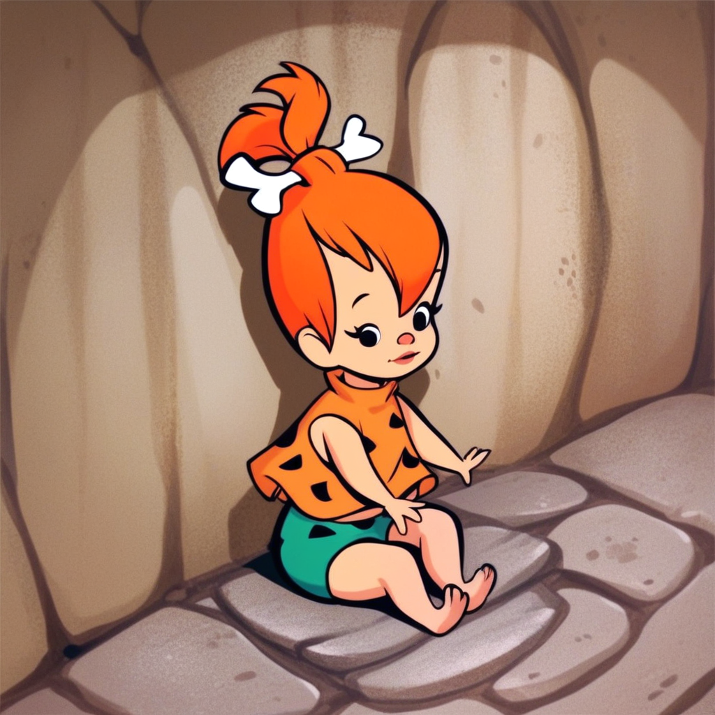 score_8, score_9, pebbles, orange hair, ponytail, black eyes, shorts, sitting
