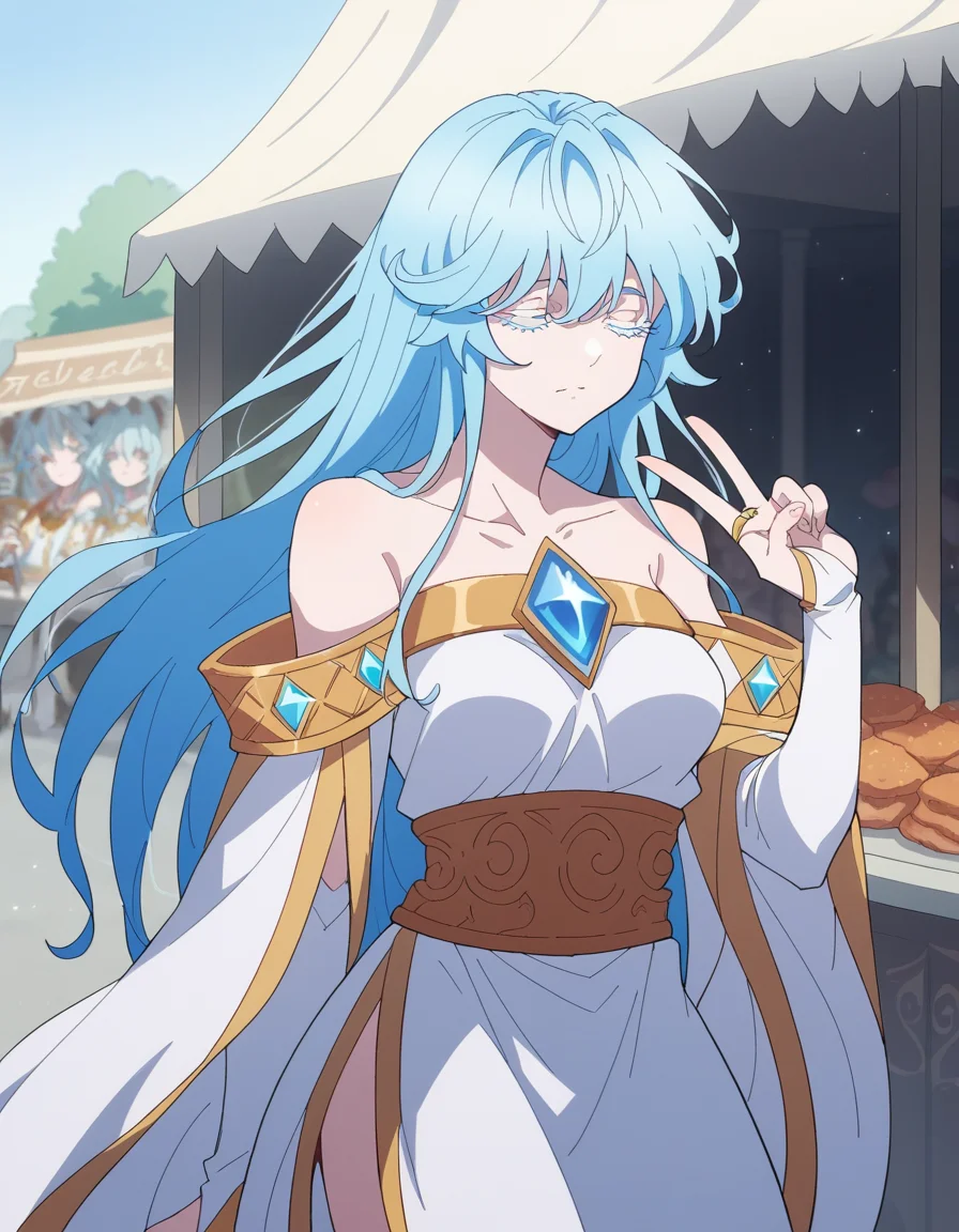 score_9, score_8_up, score_7_up, source_anime, <lora:elfaria-albis-serfort-s1-ponyxl-lora-nochekaiser:1>, elfaria albis serfort, long hair, blue hair, blue eyes, colored eyelashes, sidelocks, medium breasts,, dress, bare shoulders, collarbone, white dress, bridal gauntlets, gemstone, detached sleeves, off shoulder,, street market, vendor, street food, bustling crowd, local flavor, vibrant, , , v, v over eyes,, solo,, cowboy shot, dutch angle