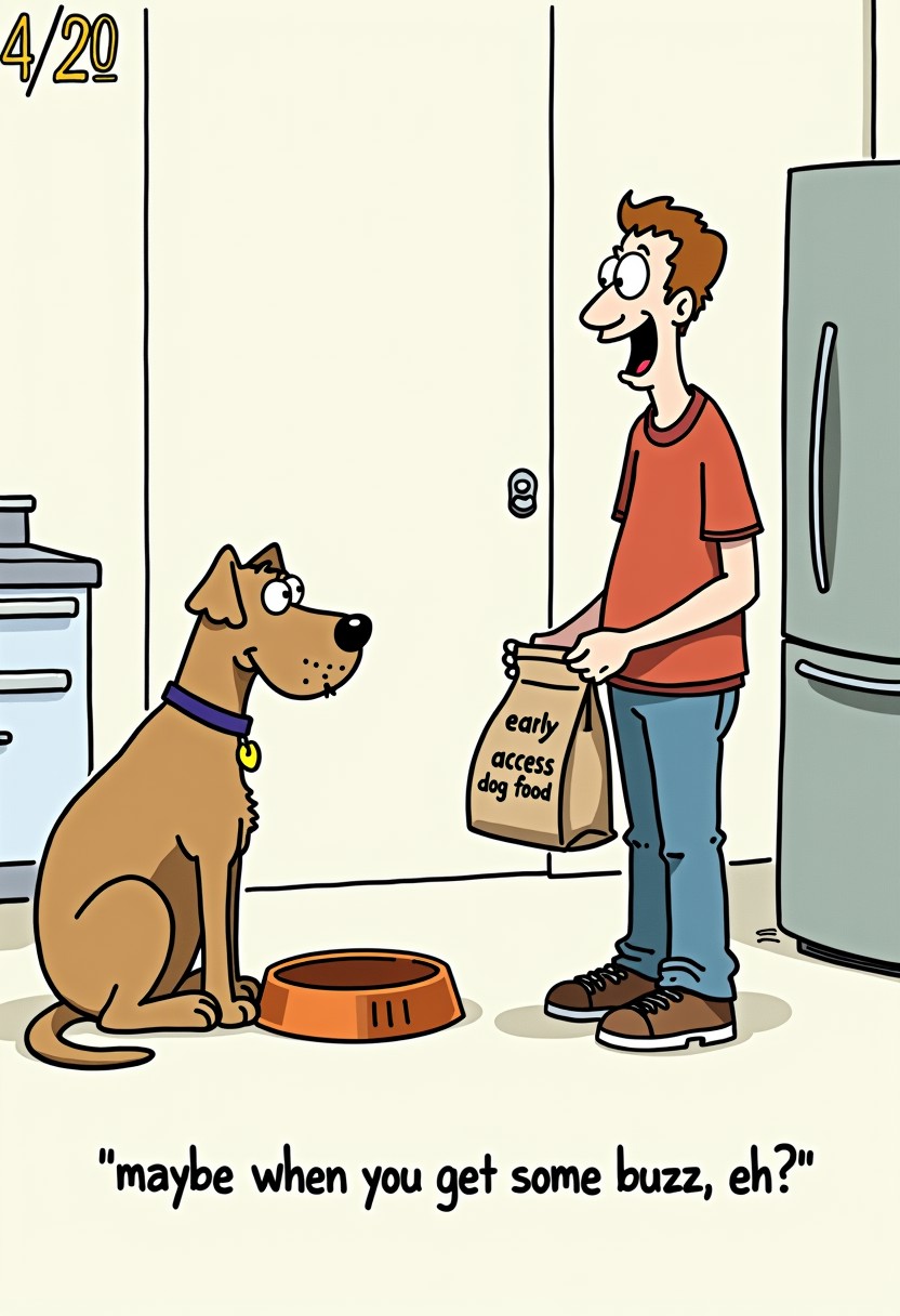 Marmaduke cartoon featuring a large dog sitting next to an empty dog food bowl in the kitchen. The dog is looking sadly and longingly at a bag of dog food being held by a man on  that is labeled "early access dog food". The person is visibly laughing. There is text at the bottom of the screen that says in quotes “maybe when you get some buzz, eh?”  . The date “4/20” and the signature “FART” are also present in one corner of the comic strip panel