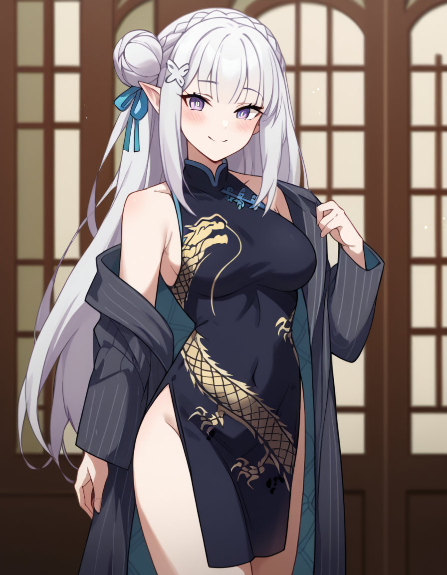 score_9, score_8_up, score_7_up, source_anime, <lora:rezero-emilia-s1s2-ponyxl-lora-nochekaiser:1>, emilia, braid, crown braid, flower, hair flower, hair ornament, hair ribbon, long hair, pointy ears, purple eyes, white hair, x hair ornament, medium breasts,, <lora:blue-archive-kisaki-cosplay-ponyxl-lora-nochekaiser:1>, blue archive kisaki cosplay, kisaki (blue archive) (cosplay), dragon print, china dress, print dress, chinese clothes, pinstripe jacket, sleeveless turtleneck dress, cosplay, vertical-striped jacket, pinstripe pattern, pelvic curtain, striped coat, grey coat, black dress, sleeveless dress,, indoors, from side, blush, smile,, cowboy shot, looking at viewer