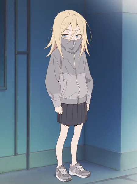 (masterpiece:1.4), (best quality:1.4),  rating_safe,very aesthetic, newest,best quality, amazing quality, very aesthetic, absurdres,
 1girl,solo,jobko,blue eyes,blonde hair,long hair, hair between eyes, eyebrows,  
<lora:jobko:1>
pleat skirt,grey jacket,grey sneakers, covered mouth,zipper pull tab,
outdoor
standing,looking away,full body