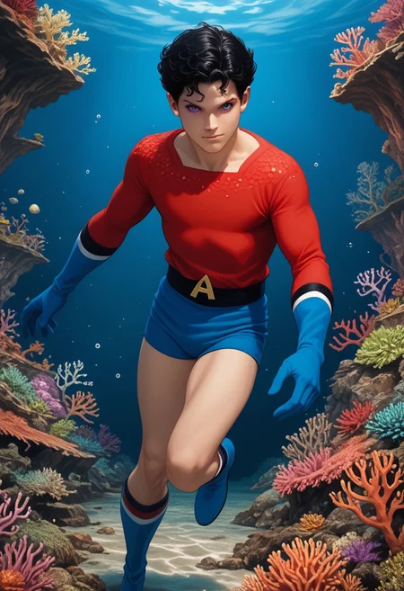 score_9, score_8_up, score_7_up, 1boy, solo, cute boy, Aqualad, Black Hair, Purple eyes, Red Scale Shirt, Blue Gloves, Blue Boots, Blue Speedo, Blue Shorts, Male Swimwear, floating underwater, fully submerged, coral reef, PONYXL_AlexRoss_ComicArt_ownwaifu