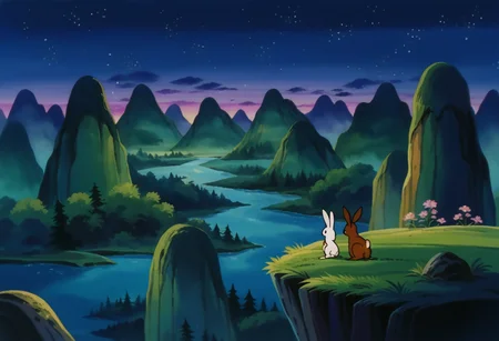 score_9,score_8_up,score_7_up,score_6_up, BREAK mount paozu, retro artstyle, from above,wide shot, thin mountain,river, nature, night, starry sky,flower, cliff,animal, rabbit <lora:MountPaozuPony:1>